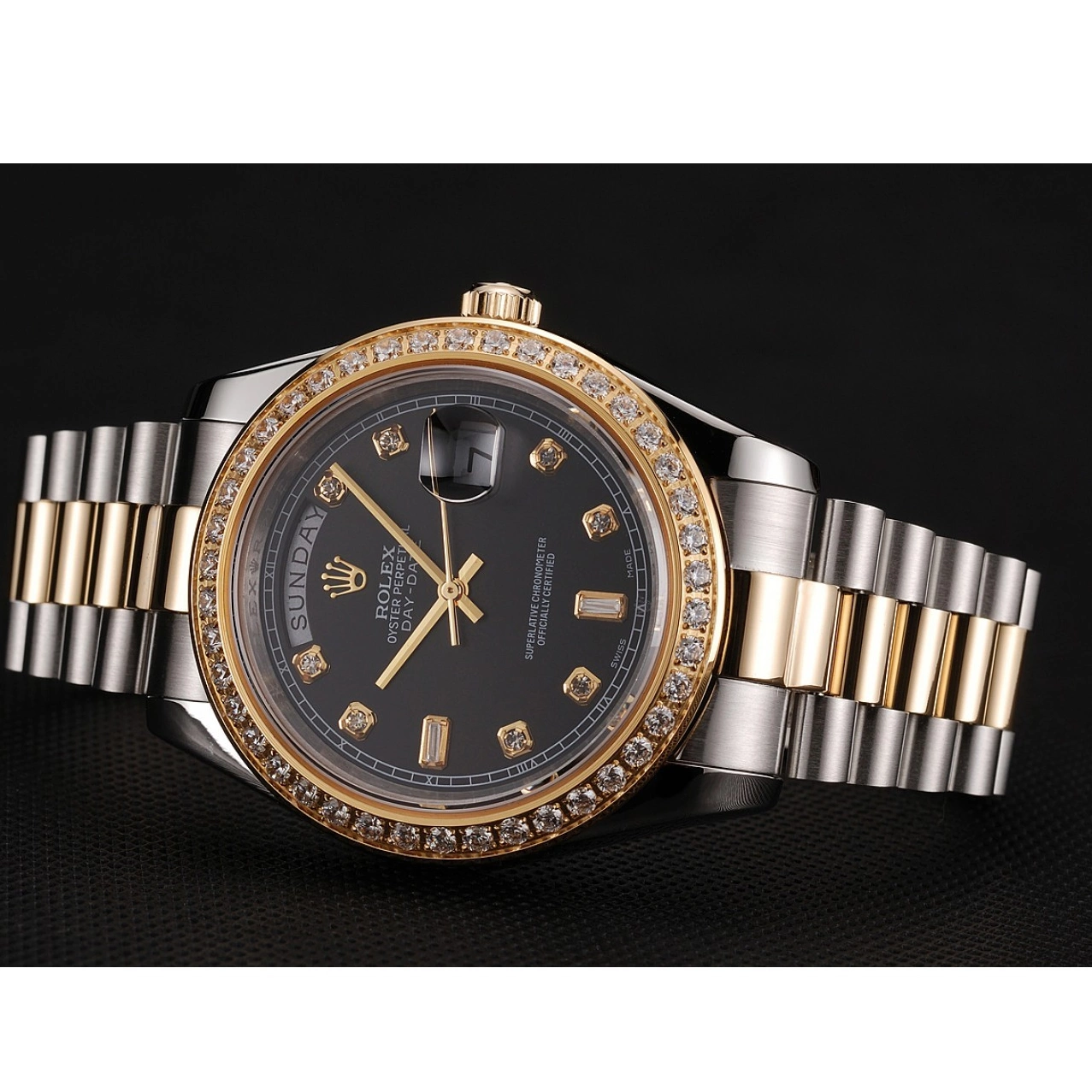AAA Replica Watches Steel Swiss Tone Bracelet Stainless Day-Date Black 1453976 Gold Dial Case Diamond Rolex Two 0726